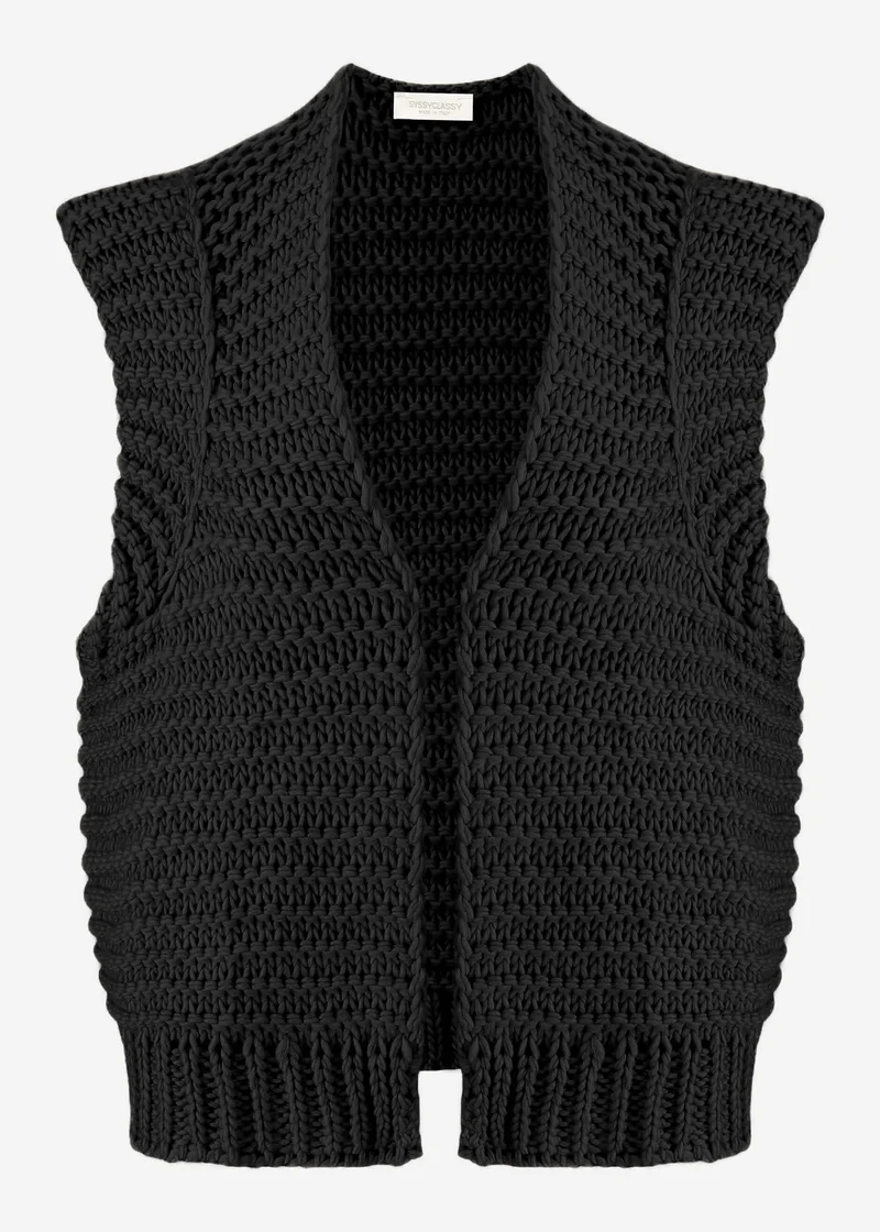 Ärmellose Strickweste mit strukturierten Schultern - schwarz