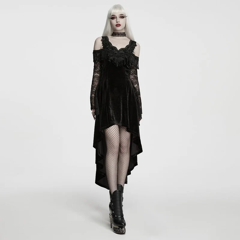 Gothic-Kleid für Damen mit Perlen und Quasten, schulterfrei, asymmetrischem Saum, Abschlusskleid