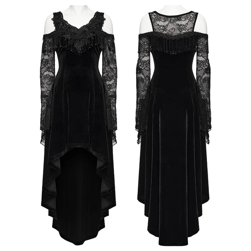 Gothic-Kleid für Damen mit Perlen und Quasten, schulterfrei, asymmetrischem Saum, Abschlusskleid