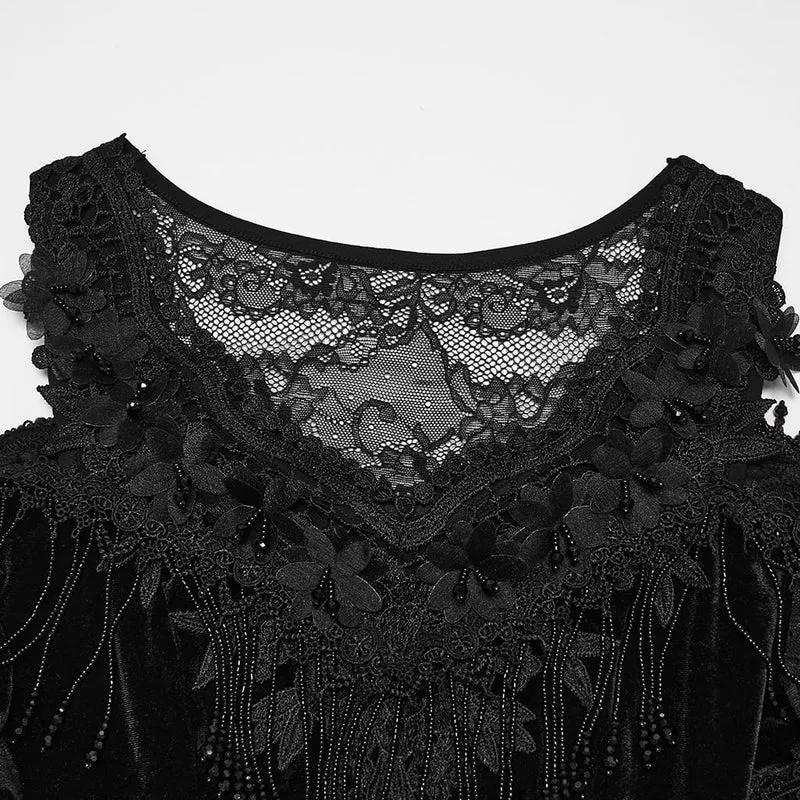 Gothic-Kleid für Damen mit Perlen und Quasten, schulterfrei, asymmetrischem Saum, Abschlusskleid