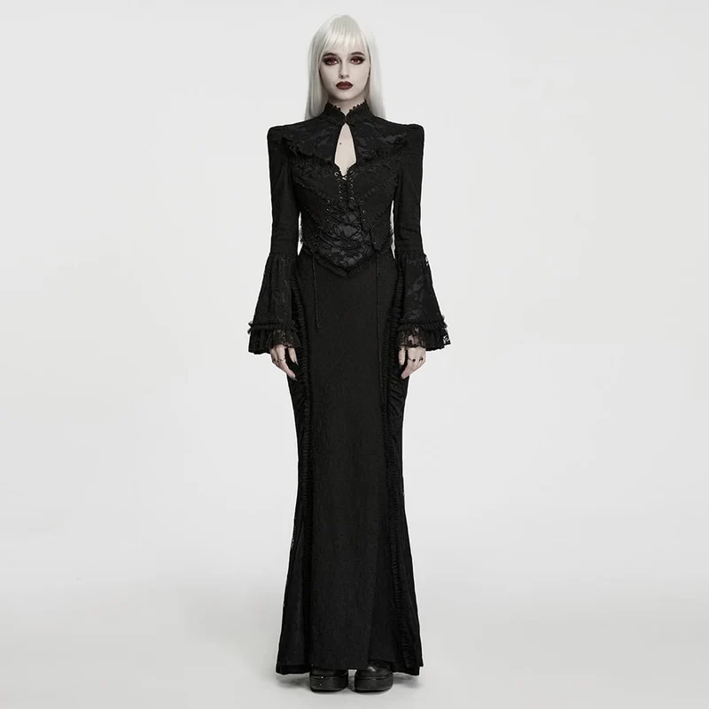 Schwarzes Gothic-Maxikleid für Damen mit Cut-outs, Schnürung, Kettenapplikationen und ausgestellten Ärmeln