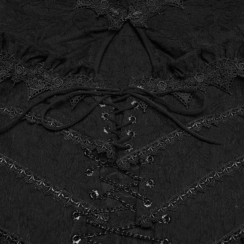 Schwarzes Gothic-Maxikleid für Damen mit Cut-outs, Schnürung, Kettenapplikationen und ausgestellten Ärmeln