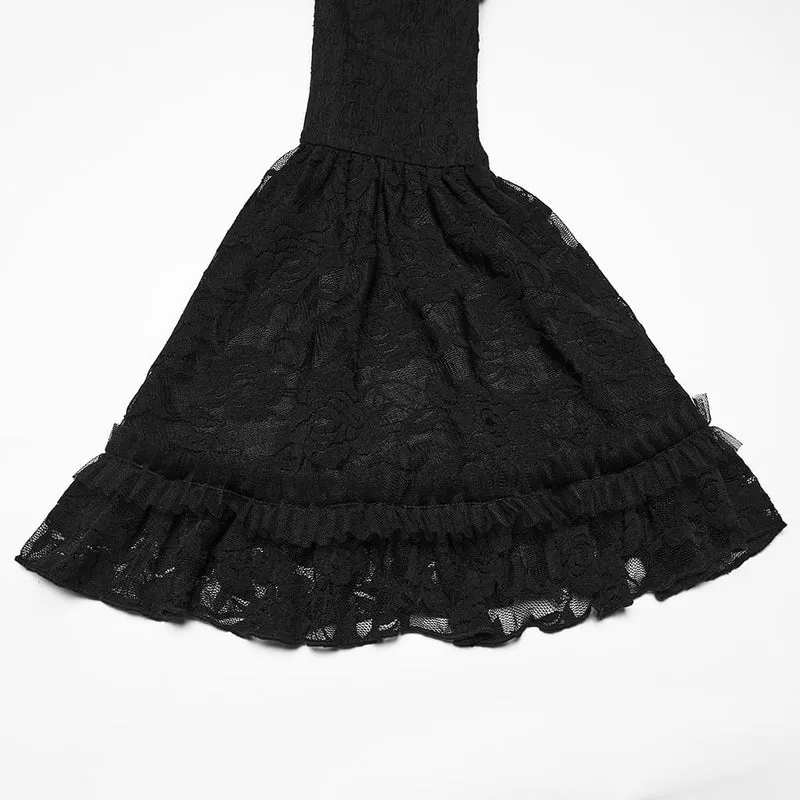 Schwarzes Gothic-Maxikleid für Damen mit Cut-outs, Schnürung, Kettenapplikationen und ausgestellten Ärmeln