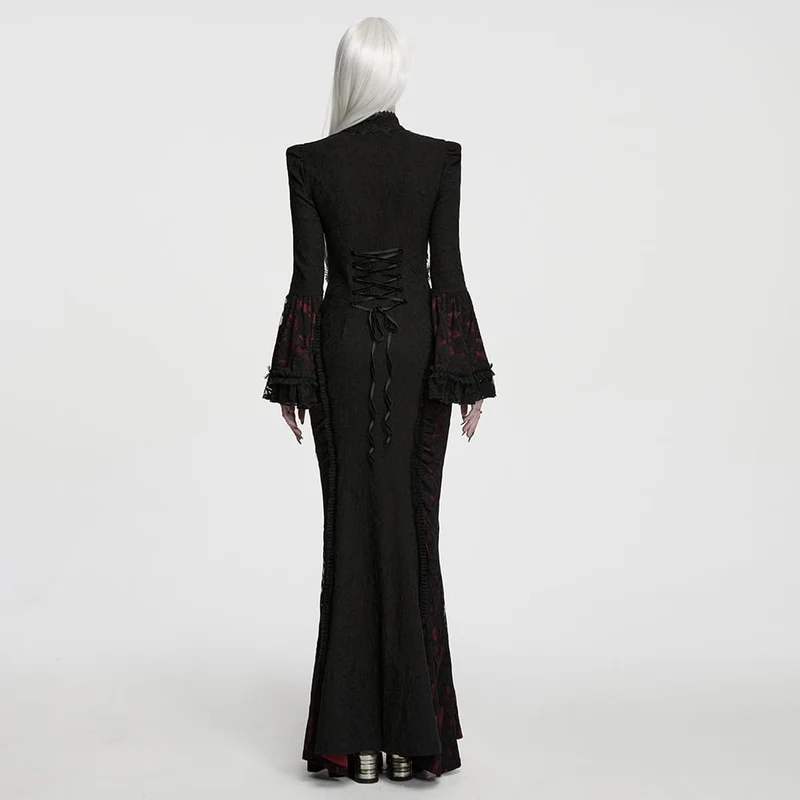 Gothic-Maxikleid für Damen mit Cut-outs, Schnürung, Kettenapplikationen und ausgestellten Ärmeln, schwarz-rot