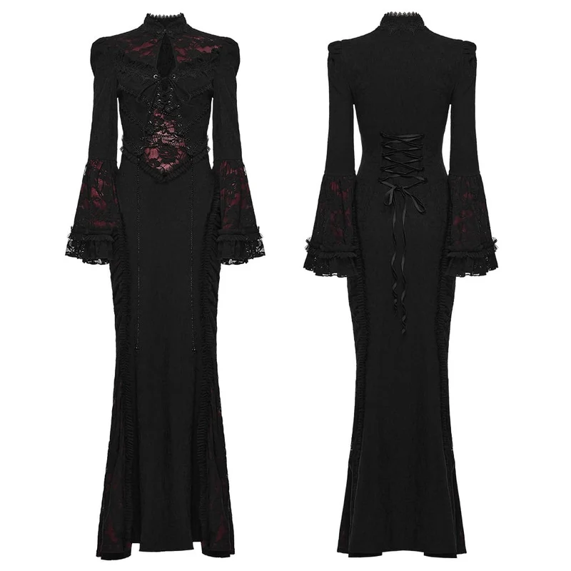 Gothic-Maxikleid für Damen mit Cut-outs, Schnürung, Kettenapplikationen und ausgestellten Ärmeln, schwarz-rot