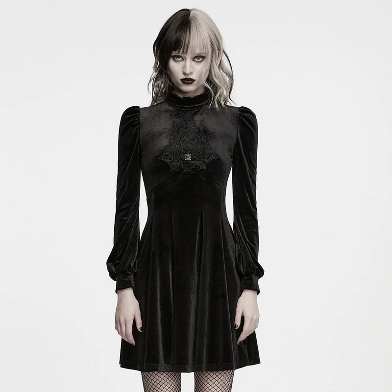 Gothic-Samtkleid für Damen mit Stickerei, Rüschen, hohem Kragen und langen Ärmeln