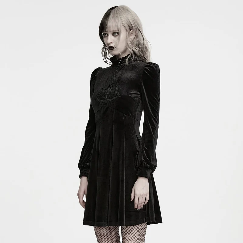 Gothic-Samtkleid für Damen mit Stickerei, Rüschen, hohem Kragen und langen Ärmeln