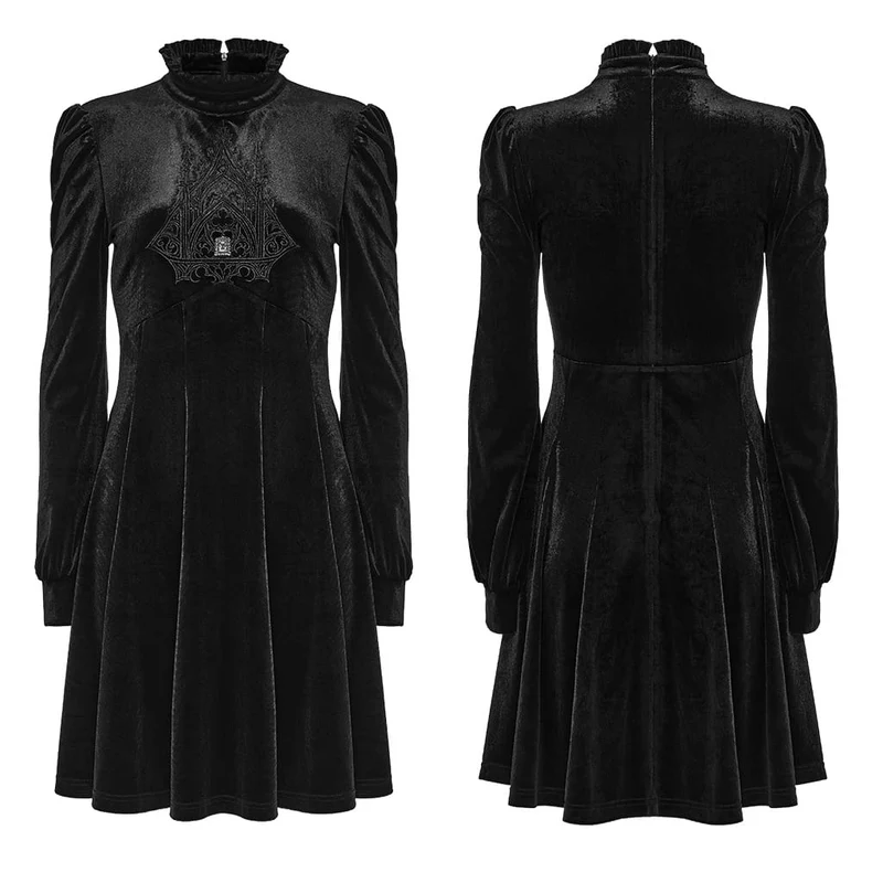 Gothic-Samtkleid für Damen mit Stickerei, Rüschen, hohem Kragen und langen Ärmeln