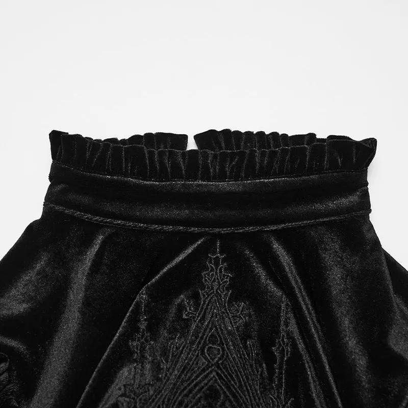 Gothic-Samtkleid für Damen mit Stickerei, Rüschen, hohem Kragen und langen Ärmeln