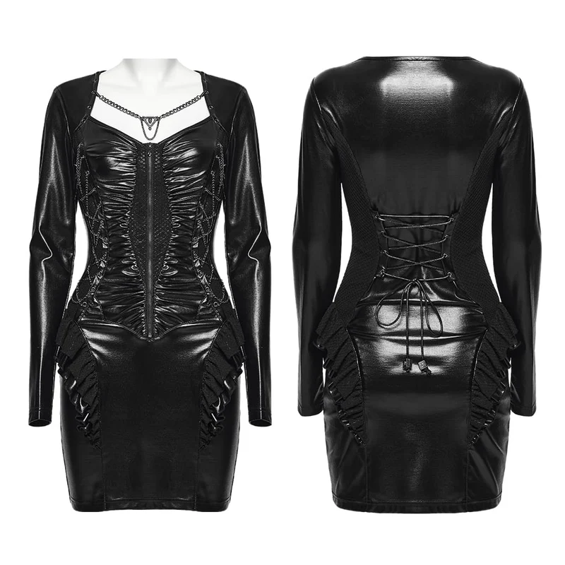 Punk-Kleid für Damen mit Kettengeflecht, Rüschenbesatz, langen Ärmeln und figurbetonter Passform