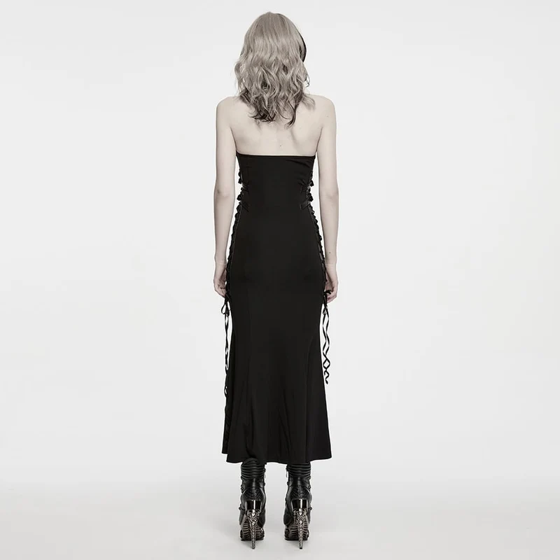 Gothic-Maxikleid für Damen mit Schnürung, Schnallenriemen und Neckholder