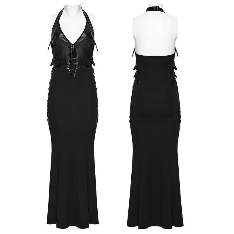 Gothic-Maxikleid für Damen mit Schnürung, Schnallenriemen und Neckholder