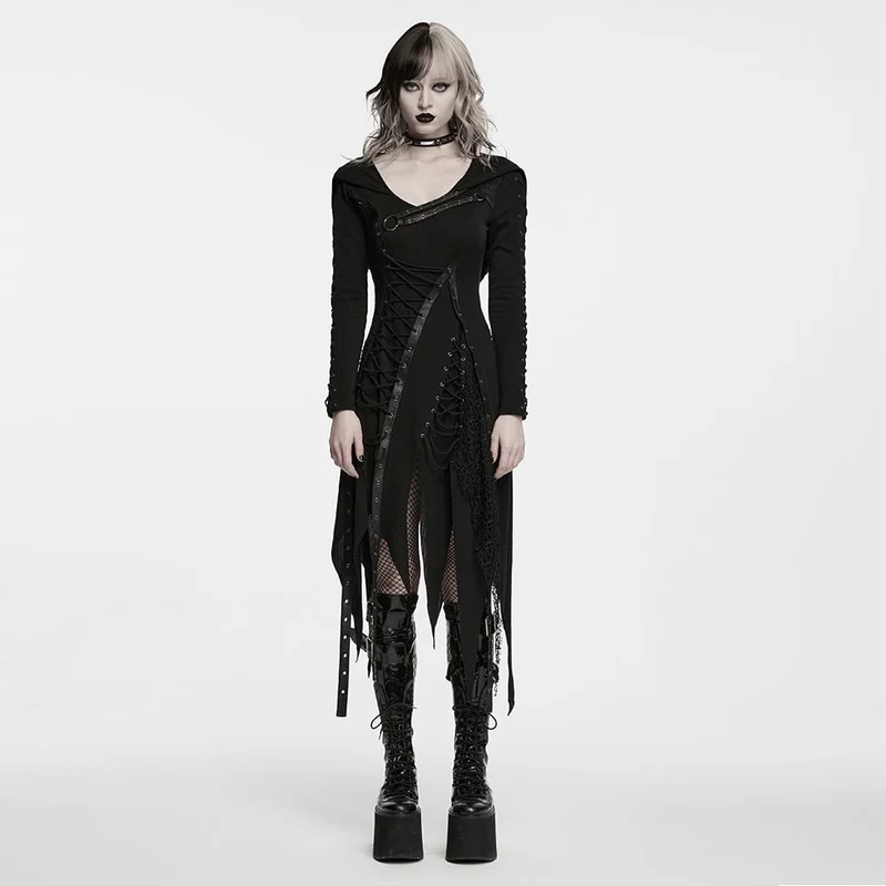 Punk-Kleid für Damen mit Kapuze, Schnürung, asymmetrischem Saum und langen Ärmeln