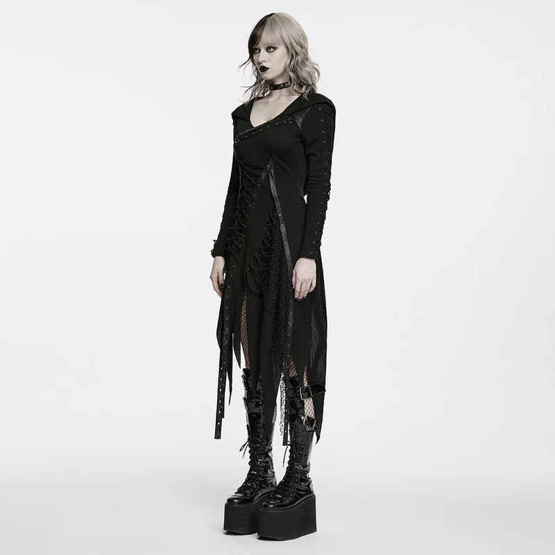 Punk-Kleid für Damen mit Kapuze, Schnürung, asymmetrischem Saum und langen Ärmeln