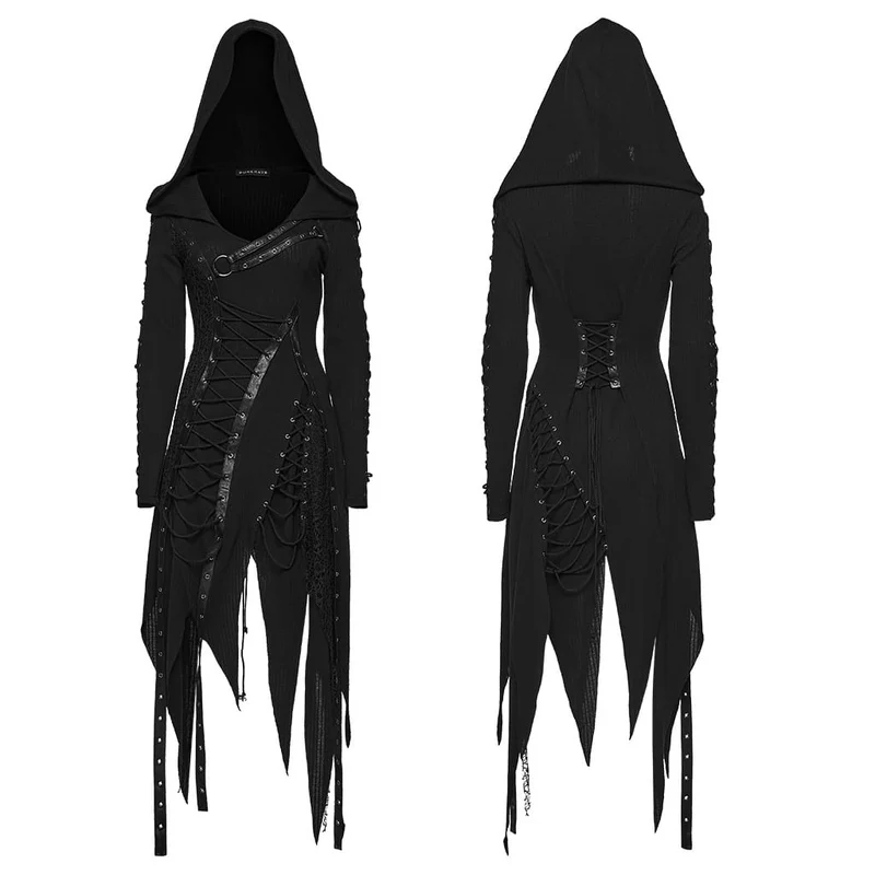 Punk-Kleid für Damen mit Kapuze, Schnürung, asymmetrischem Saum und langen Ärmeln