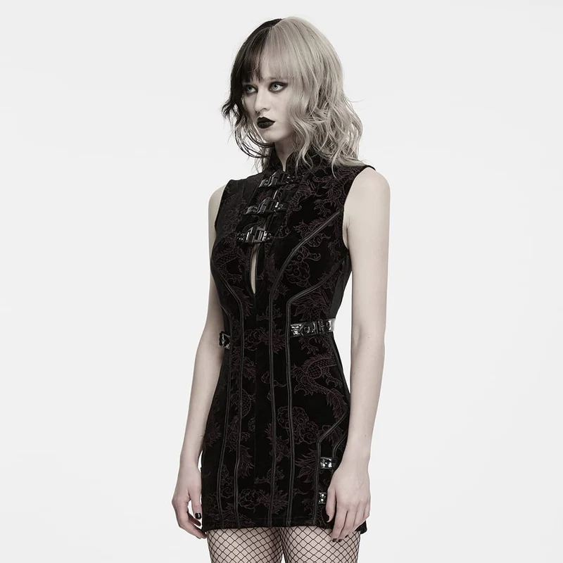 Ärmelloses Cyberpunk-Jacquard-Kleid mit Schnallenriemen für Damen