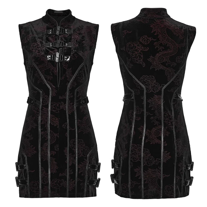 Ärmelloses Cyberpunk-Jacquard-Kleid mit Schnallenriemen für Damen