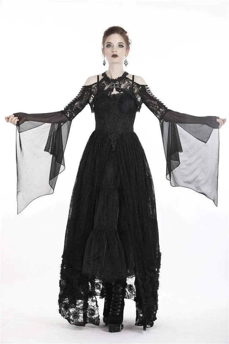 Gothic-Cape für Damen, schulterfrei, geblümt, gehäkelt, mit Chiffonärmeln