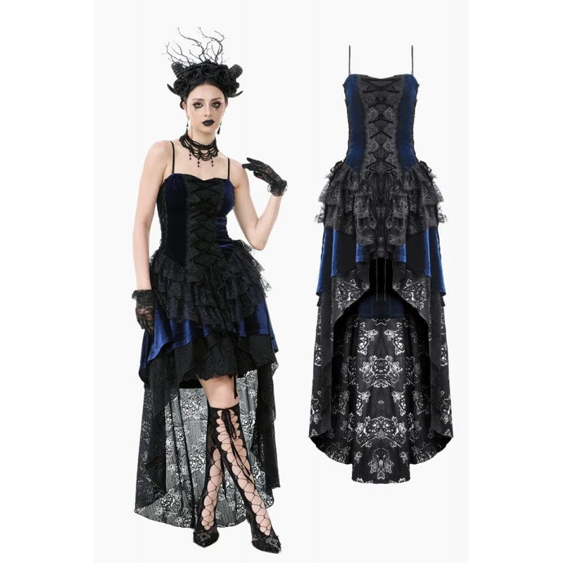 Gothic-Brautkleid mit floralem, mehrlagigem Spitzenbesatz und asymmetrischem Saum