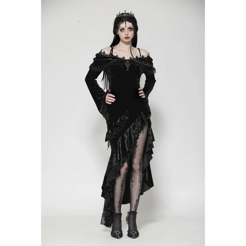 Gothic-Kleid mit schulterfreiem Rücken, Rüschen und Fischschwanz für Damen