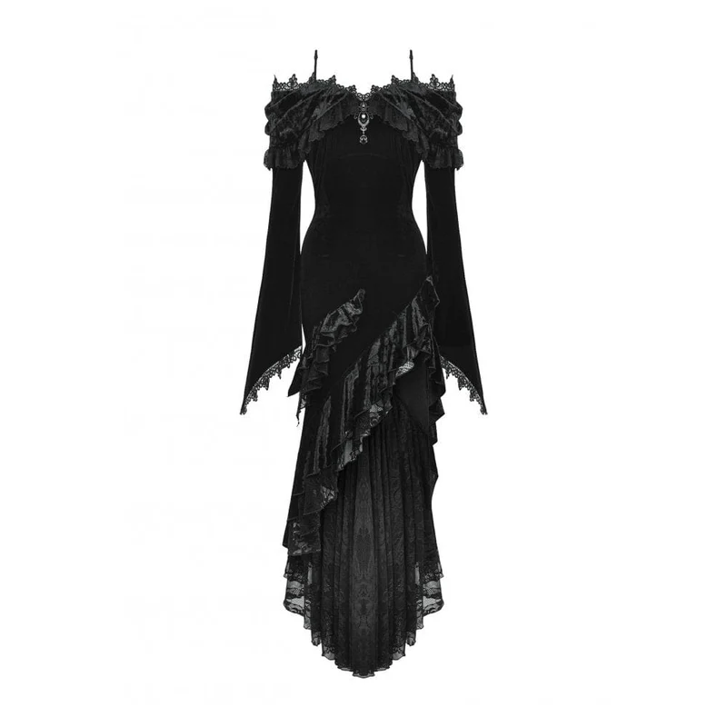 Gothic-Kleid mit schulterfreiem Rücken, Rüschen und Fischschwanz für Damen