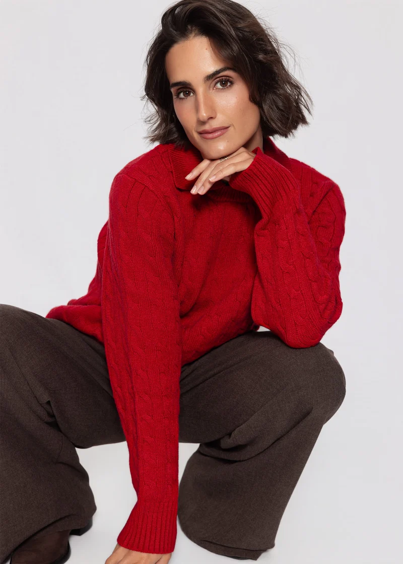 Strickpullover mit Zopfmuster und Kragen - rot