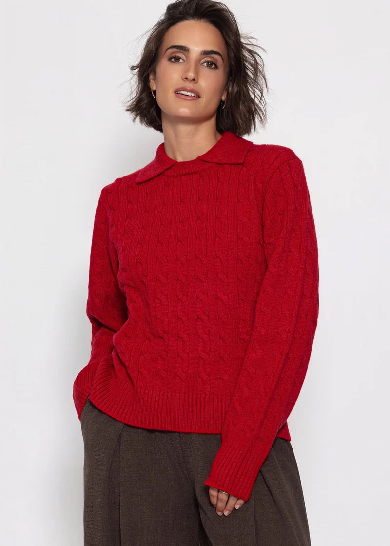 Strickpullover mit Zopfmuster und Kragen - rot