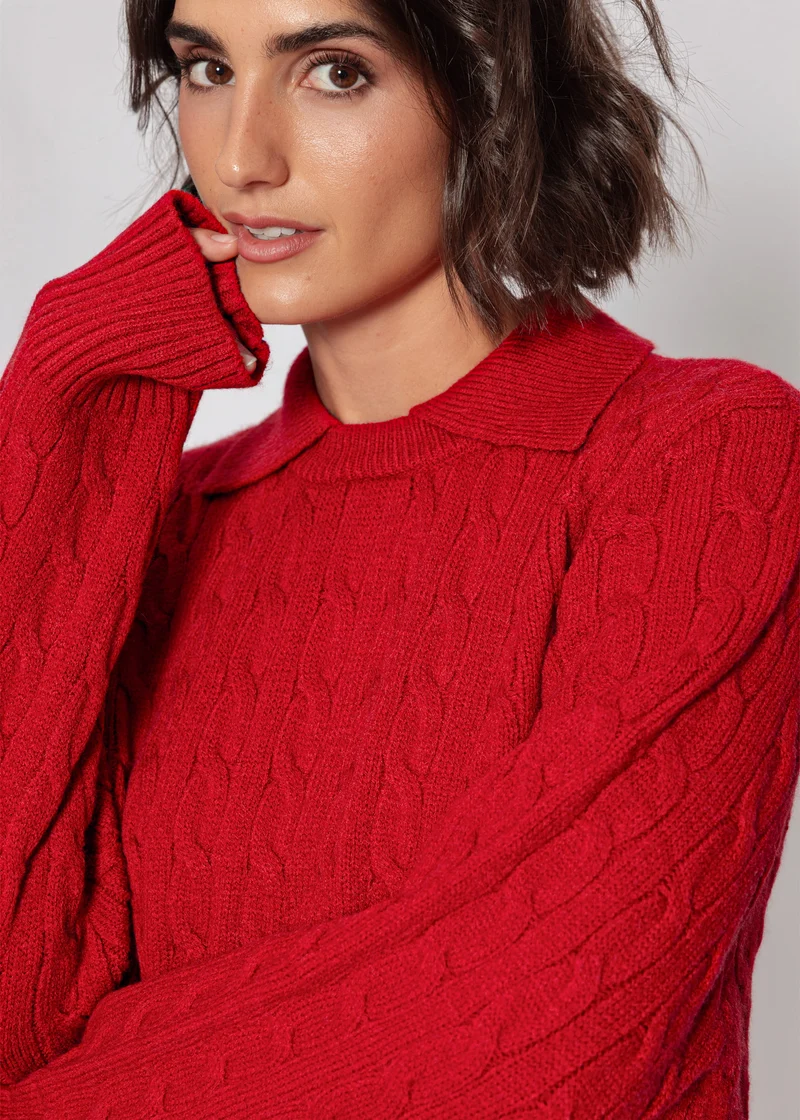 Strickpullover mit Zopfmuster und Kragen - rot