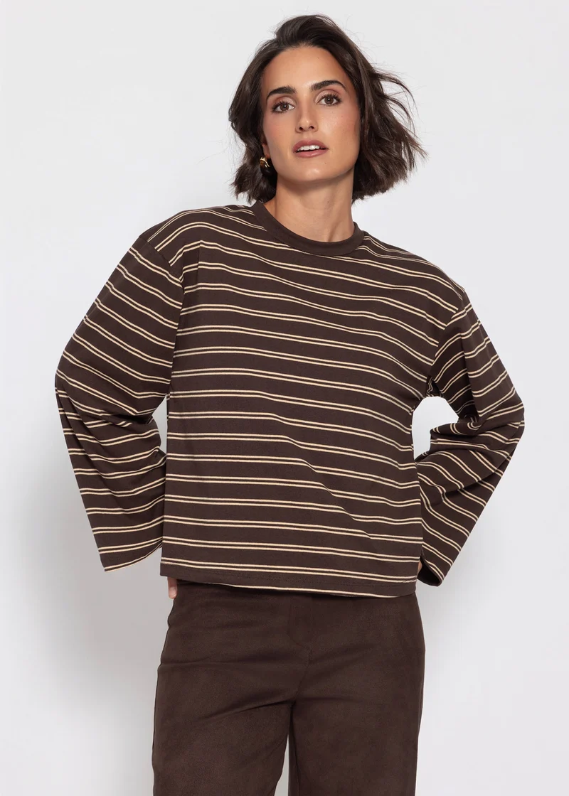Gestreiftes Langarmshirt mit weiten Ärmeln - braun
