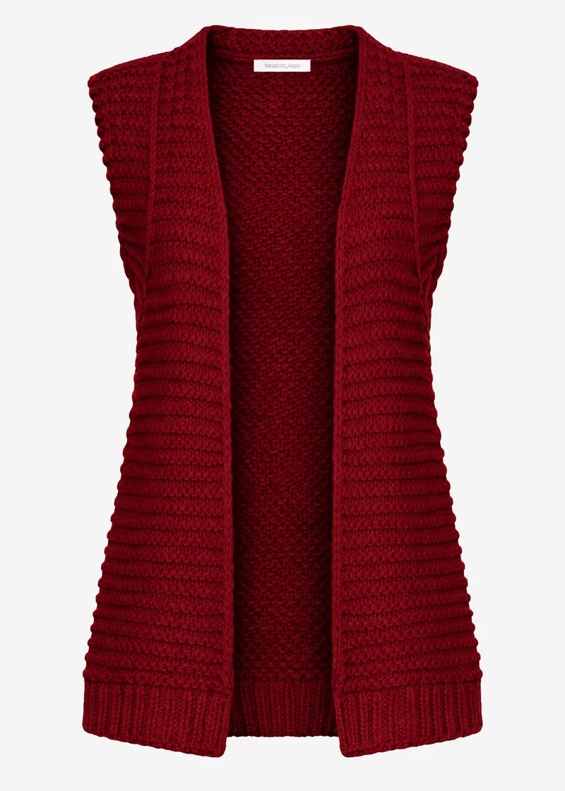 Lange ärmellose Strickweste mit strukturierten Schultern - burgundy