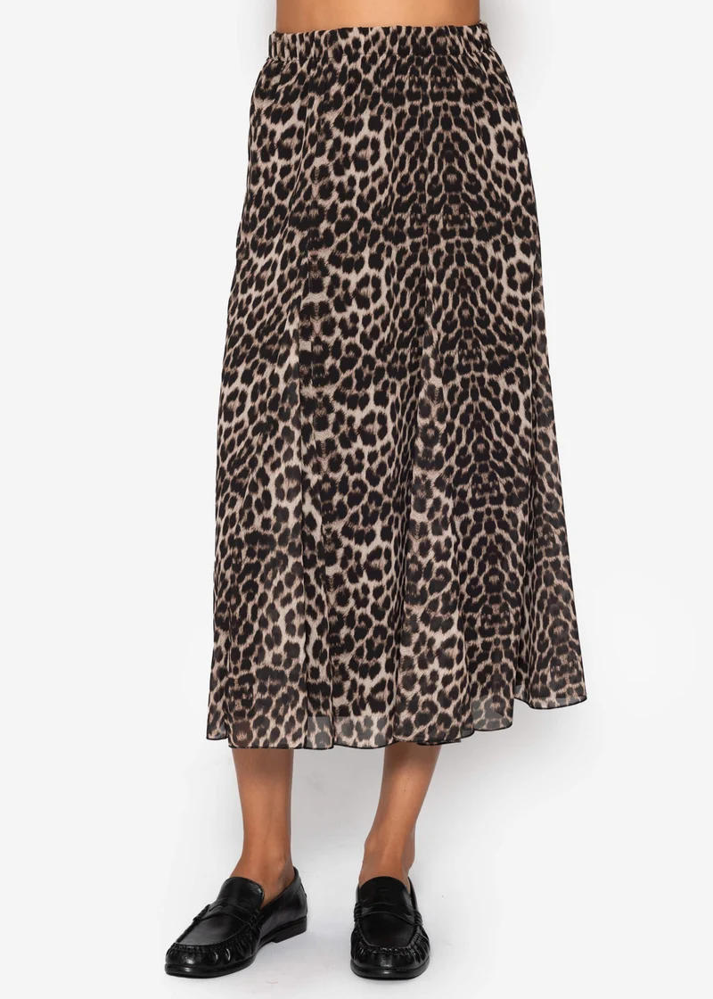 Langer Chiffon Rock mit Leo-Print - beige