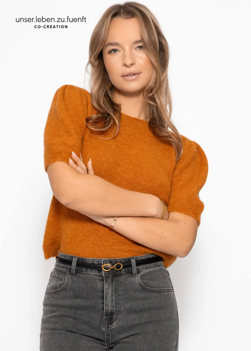 Strickoberteil mit Puffärmeln - cognac