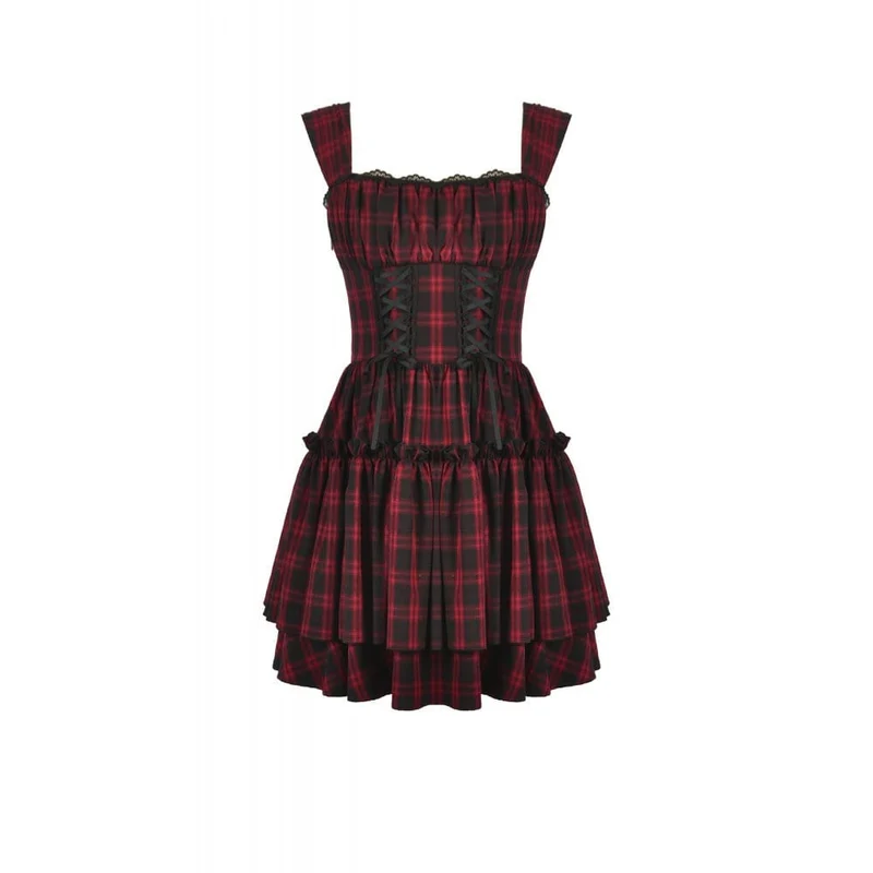 Grunge-Kleid mit Schnürung, Raffungen und Karomuster für Damen, Abschlusskleid
