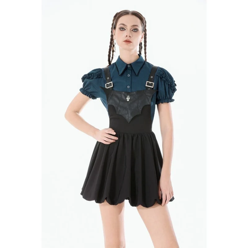 Gothic-Damenbluse mit Nadelstreifen, Puffärmeln und abnehmbarer Fledermaus-Fliege