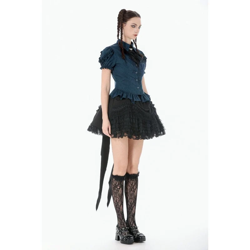 Gothic-Damenbluse mit Nadelstreifen, Puffärmeln und abnehmbarer Fledermaus-Fliege