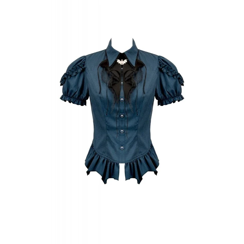 Gothic-Damenbluse mit Nadelstreifen, Puffärmeln und abnehmbarer Fledermaus-Fliege