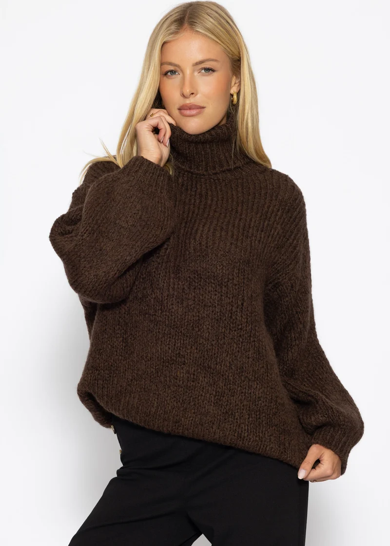 Grober Strickpullover mit Rollkragen - dunkelbraun