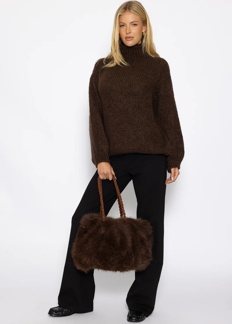Grober Strickpullover mit Rollkragen - dunkelbraun
