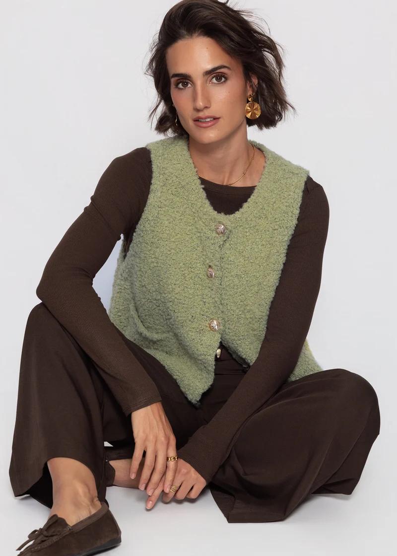 Bouclé-Weste mit Taschen - grün