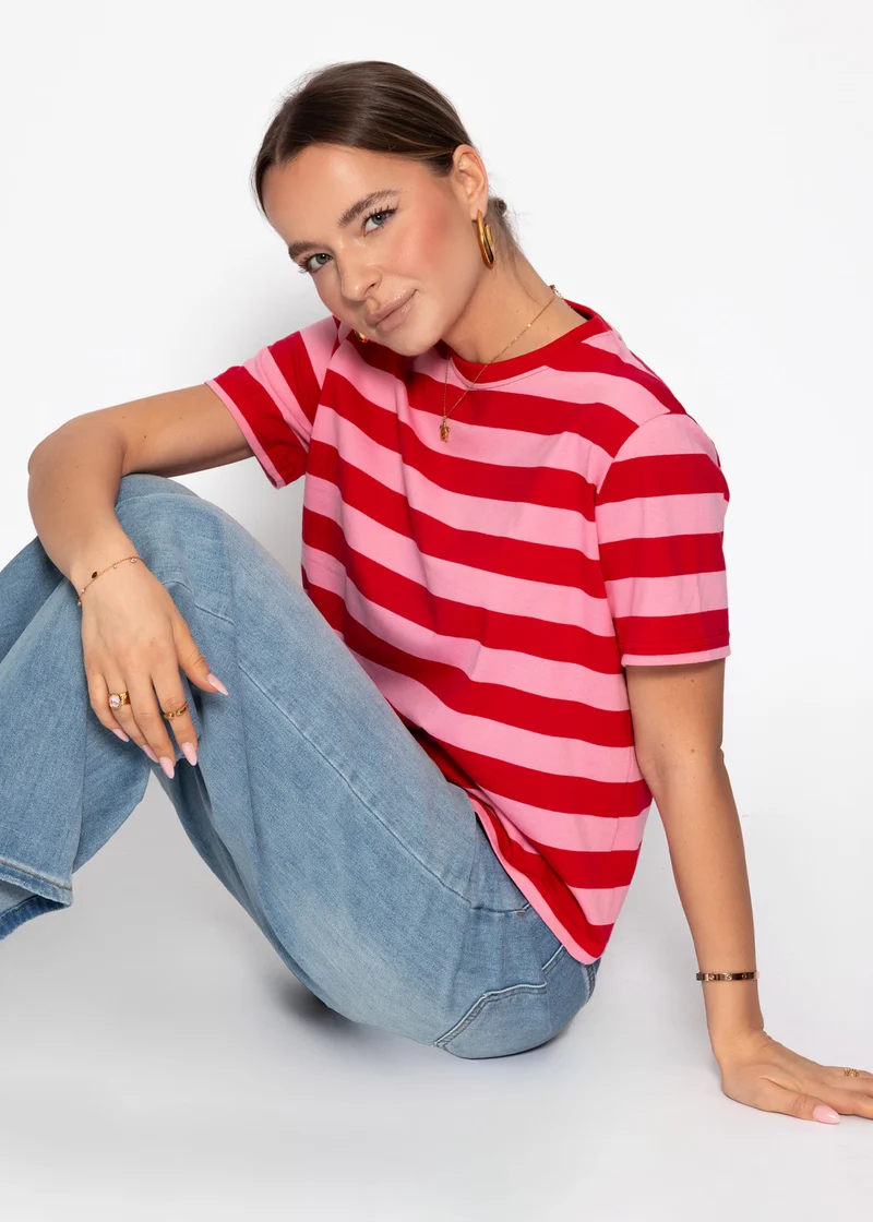 T-Shirt mit Blockstreifen - rot-pink