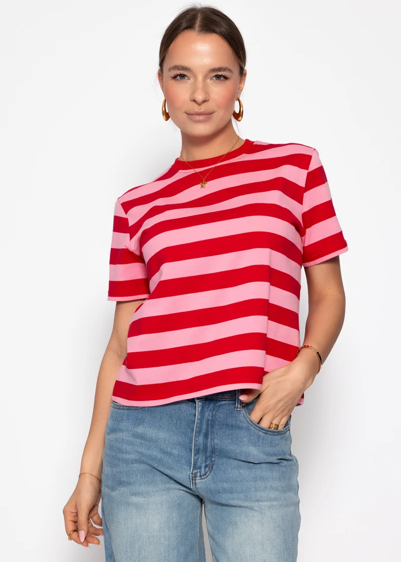 T-Shirt mit Blockstreifen - rot-pink