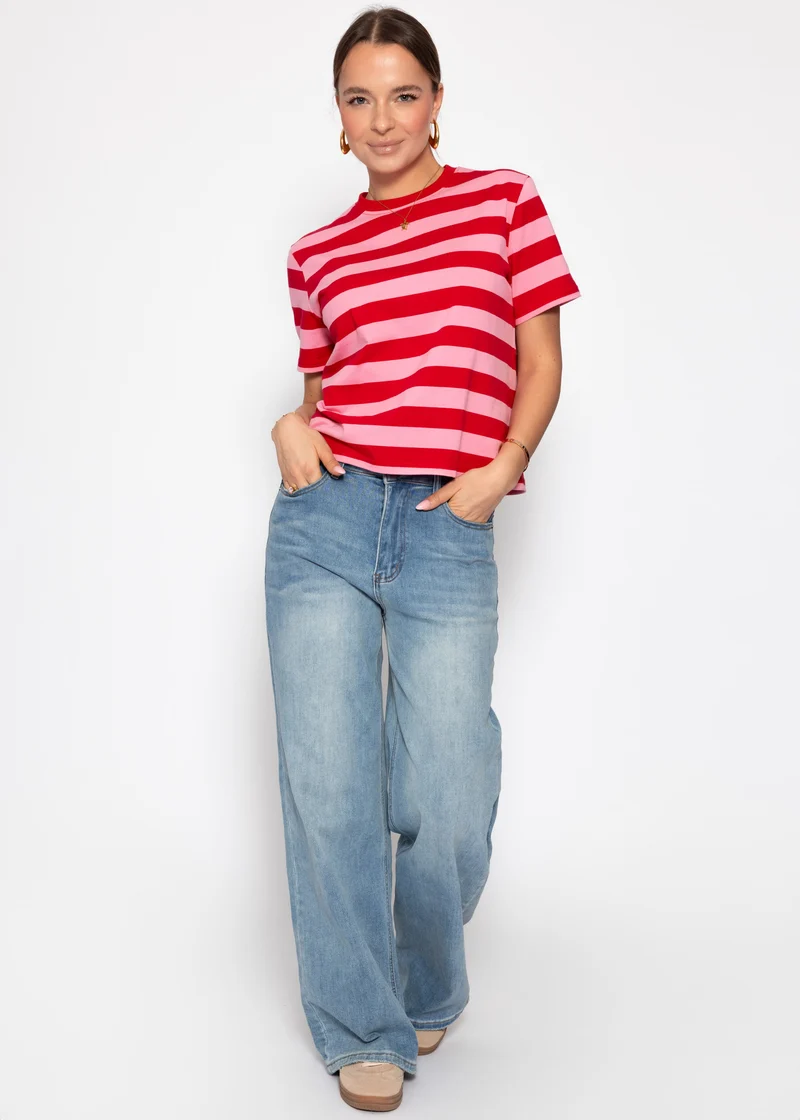 T-Shirt mit Blockstreifen - rot-pink