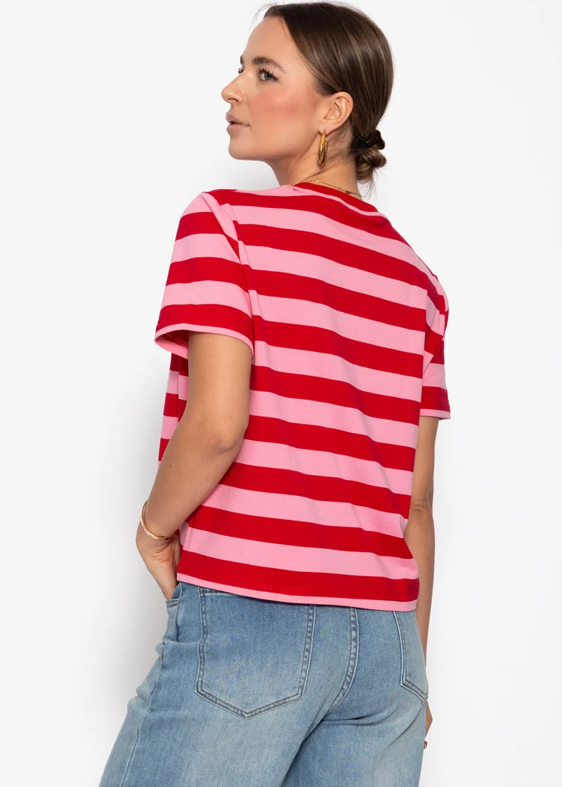 T-Shirt mit Blockstreifen - rot-pink