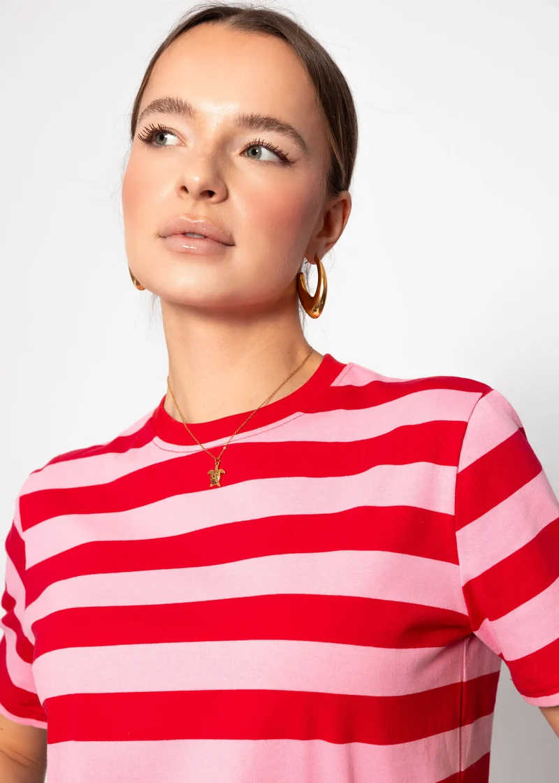 T-Shirt mit Blockstreifen - rot-pink