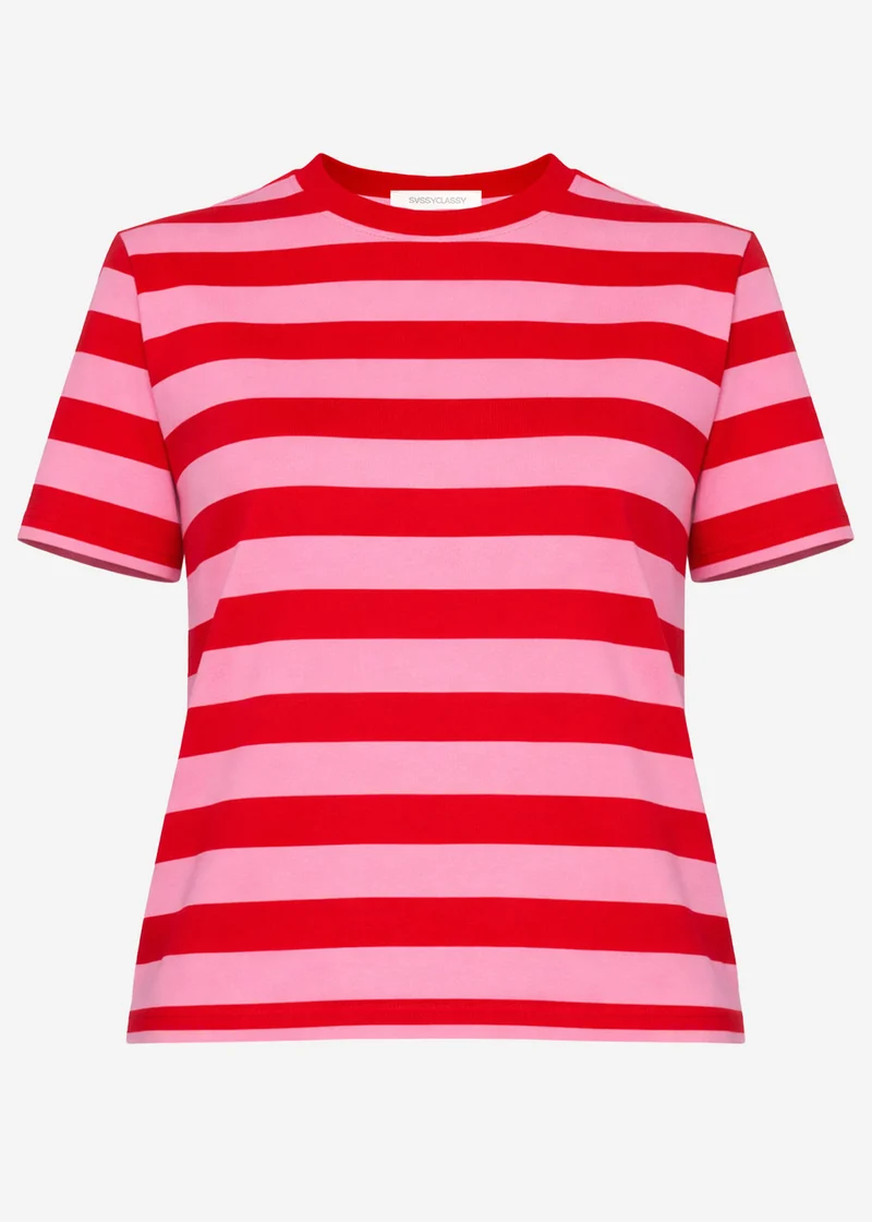 T-Shirt mit Blockstreifen - rot-pink