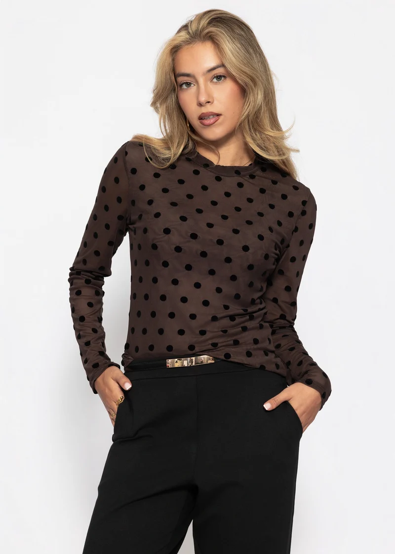 Mesh Langarmshirt mit Polka Dots - braun