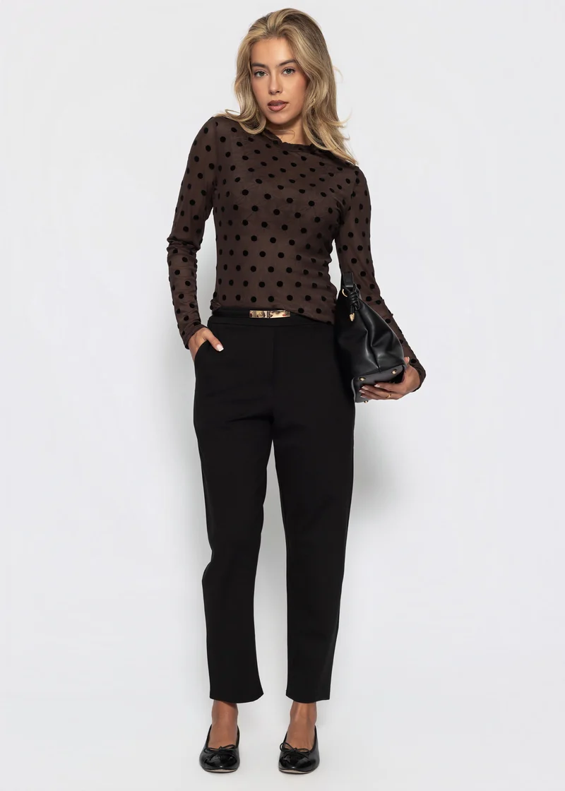Mesh Langarmshirt mit Polka Dots - braun