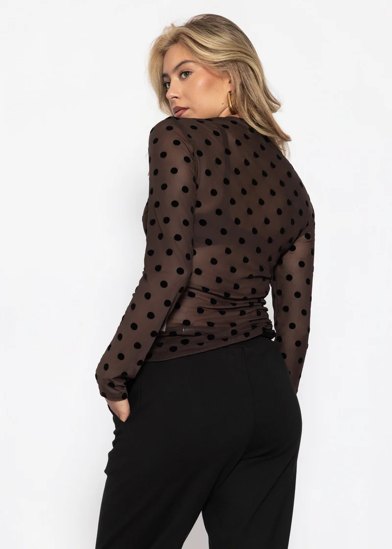 Mesh Langarmshirt mit Polka Dots - braun