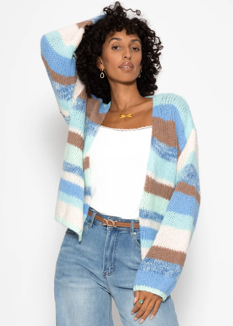 Offener Cardigan mit mehrfarbigen Streifen - blau