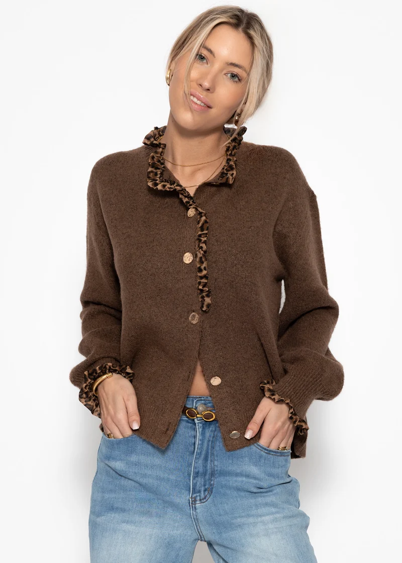 Cardigan mit Rüschen im Leo-Print - braun
